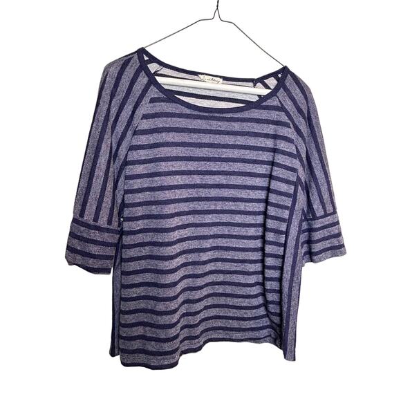 June and Delancy Striped Tee 3/4 Length Scroop Neck Navy Striped Preppy - Picture 1 of 7